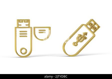 Goldenes 3D-Pendrive-Symbol isoliert auf weißem Hintergrund - 3D Render Stockfoto