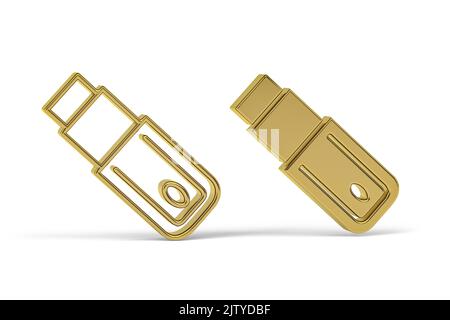 Goldenes 3D-Pendrive-Symbol isoliert auf weißem Hintergrund - 3D Render Stockfoto