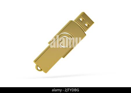 Goldenes 3D-Pendrive-Symbol isoliert auf weißem Hintergrund - 3D Render Stockfoto