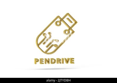 Goldenes 3D-Pendrive-Symbol isoliert auf weißem Hintergrund - 3D Render Stockfoto
