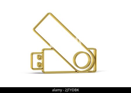 Goldenes 3D-Pendrive-Symbol isoliert auf weißem Hintergrund - 3D Render Stockfoto