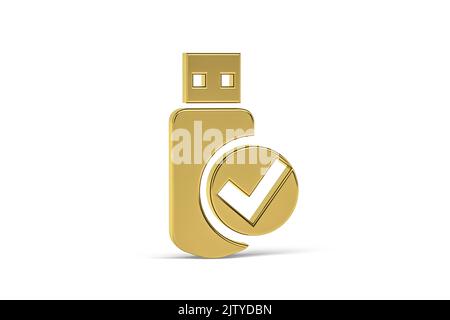 Goldenes 3D-Pendrive-Symbol isoliert auf weißem Hintergrund - 3D Render Stockfoto