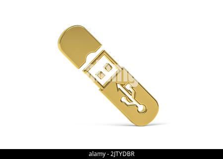 Goldenes 3D-Pendrive-Symbol isoliert auf weißem Hintergrund - 3D Render Stockfoto
