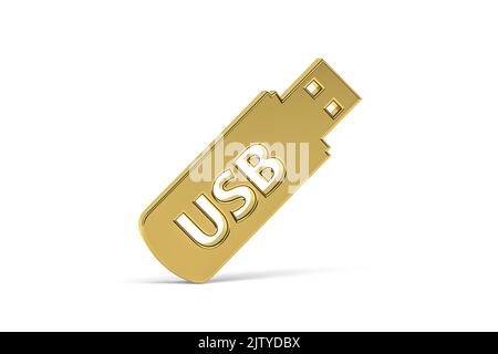 Goldenes 3D-Pendrive-Symbol isoliert auf weißem Hintergrund - 3D Render Stockfoto