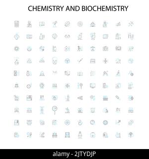 Symbole für Chemie und Biochemie, Schilder, Umrisssymbole, lineare Illustrationen zur Liniensammlung des Konzepts Stock Vektor