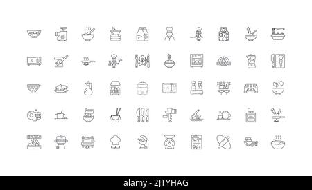 Abbildung des Kochkonzepts, lineare Symbole, Satz von Linienschildern, Vektorsammlung Stock Vektor