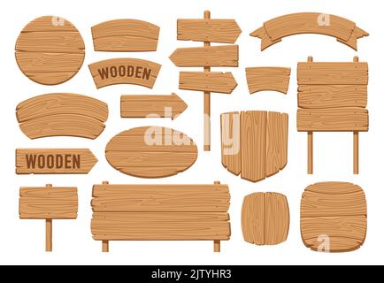 Setzen Sie Holzbanner, Schilderpfosten oder Bretter Designvorlage. Schilder Sammlung, Platte Sperrholz Vektor Illustration Stock Vektor
