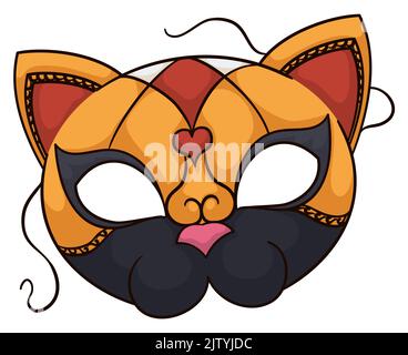 Stilisierte Katzenmaske im venezianischen Stil, verziert mit Herzform und Schnüren. Design isoliert im Cartoon-Stil. Stock Vektor