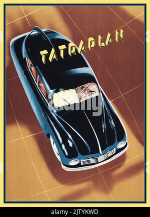 1951 T600 Sport zurück Tatraplan Werbebroschüre Titelmagazin. Der Tatra 600, genannt Tatraplan, war ein großer Familienwagen mit Heckmotor (D-Segment in Europa), der von 1948 bis 1952 vom tschechischen Hersteller Tatra produziert wurde. Der erste Prototyp wurde 1946 fertiggestellt. Stockfoto