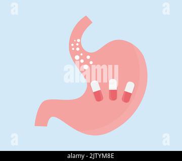 Magen mit Pillen-Logo-Design. Nahaufnahme des menschlichen Magens. Organanatomie. Verdauungssystem. Geschwulst, Krebs, Gastritis, Dysbiose. Innovative Medizin. Stock Vektor