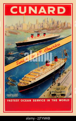 Vintage Cunard Fastest Ocean Service Poster mit RMS Queen Mary und RMS Queen Elizabeth 'EUROPE TO ALL AMERICA' Original Vintage Cunard Poster Queen Mary New York & Queen Elizabeth Southampton 1930s ‘Fastest Ocean Service in the World’ Stockfoto