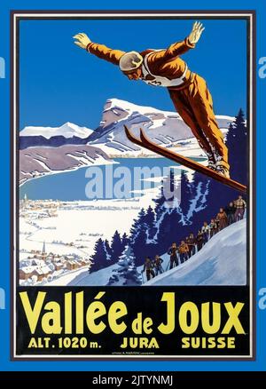 Vintage Swiss Skiing Travel Poster 1930s Vallee de Joux Jura Schweiz Stockfoto