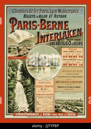 Vintage 1900s PLM Reiseplakat Paris-Bern-Interlaken PLM um 1900 Stockfoto