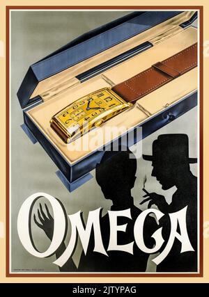 1920s OMEGA Uhr Werbeplakat Omega Stil Typ AR738 hergestellt im Jahr 1929. Eine der ersten Omega-Uhren im Vintage Art Deco-Stil und eines der ersten Werbeplakate, die von Omega Watches Lithograph Printing veröffentlicht wurden Stockfoto