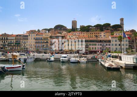 Cannes, Frankreich - Jun 20 2022 : Cannes alter Hafen mit kleinen lokalen Fischerbooten und die alte Stadt Cannes (Suquet) im Hintergrund an einem sonnigen Tag. Stockfoto