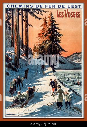 Vintage Französische Eisenbahnen Reise Poster Wintersport Familienspaß Ski-Skifahren Chemins de fer de l'Est. Les Vosges, affiche VOSGES Winter Snow France 1900s vom Künstler Louis Tauzin Stockfoto