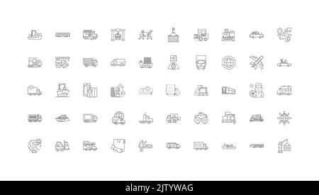 Darstellung des Transportkonzepts, lineare Symbole, Satz von Linienschildern, Vektorsammlung Stock Vektor