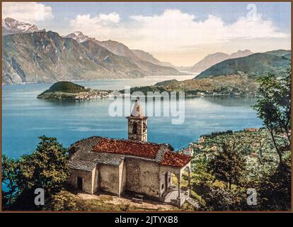 COMER SEE VINTAGE ART RETRO TRAVEL PHOTOCHROM IMAGE Capello St. Angelo und Ansicht von Bellagio, Comer See, Italien c1890 und 1900 photochrom, Farbe. Stockfoto