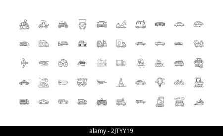 Darstellung des Transportkonzepts, lineare Symbole, Satz von Linienschildern, Vektorsammlung Stock Vektor