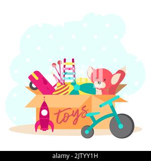 Spielzeugkiste, voll von Kinderspielzeug´s wie Fuchs, Ball, Auto, Rakete, Wirbelsturm, Fahrrad. Vektorgrafik Cartoon. Stock Vektor