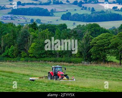 Red Massey Ferguson 7719 S Traktor & Claas Disco 3200c Strohhalm - Hänge-Weideland, malerische Wharfedale Countryside, Yorkshire, England Großbritannien. Stockfoto