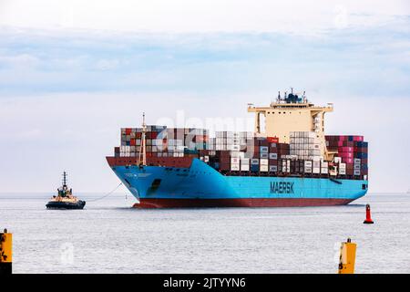 Schlepper führt das Containerschiff Maersk Luz zum Entladebereich im Überseehafen Bremerhaven Stockfoto