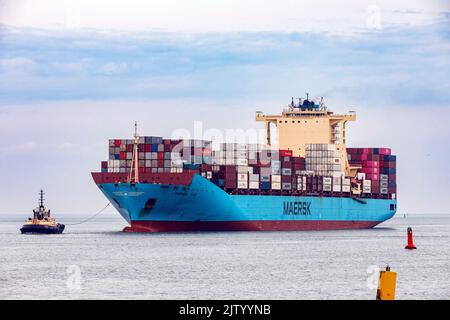 Schlepper führt das Containerschiff Maersk Luz zum Entladebereich im Überseehafen Bremerhaven Stockfoto