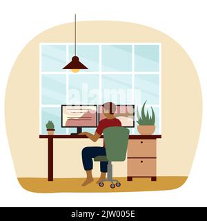 Der Mann arbeitet zu Hause und sitzt am Tisch vor dem Computerbildschirm. Freiberuflicher Mitarbeiter, der zu Hause am Computer arbeitet. Home Office-Konzept in der Nähe des Fensters. Stock Vektor