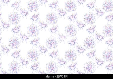 Nahtloses Muster aus bemalten Pfingstrosen. Verblasste Pastellrosa, Gelb, Blau. Stockfoto