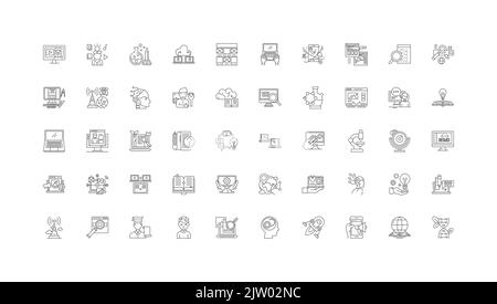 Forschungsideen, lineare Symbole, Linienzeichen-Set, Vektorsammlung Stock Vektor