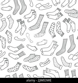 Nahtloses Schwarz-Weiß-Muster mit verschiedenen Outline-Doodle-Socken. Stock Vektor