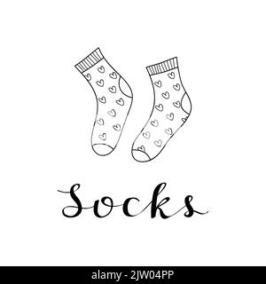 Niedliche Doodle Outline Socken mit Herzen und Schriftzug isoliert auf weißem Hintergrund. Stock Vektor