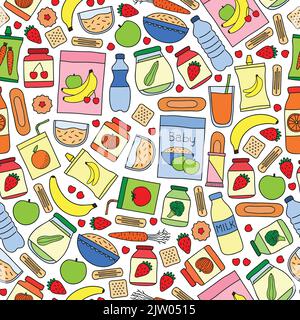 Nahtloses Muster mit bunten Doodle Babynahrung. Stock Vektor