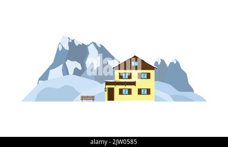 Privates Haus oder Chalet auf der Landschaft mit verschneiten alpinen Bergen und Hügeln in flachem Stil isoliert auf weißem Hintergrund. Stock Vektor