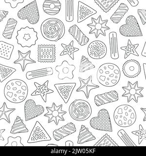 Schwarz-weiß nahtlose Muster mit verschiedenen Umrisse Doodle Cookies. Stock Vektor