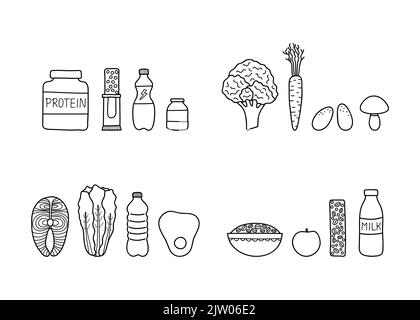 Groups of doodle outline sport foods including protein, fruits, vegetables, supplements, cereals and fish isolated on white background. Stock Vektor