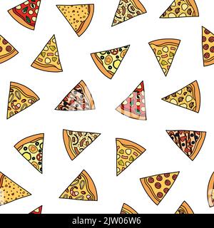 Nahtloses Muster mit verschiedenen kritzelfarbenen Pizzascheiben. Stock Vektor