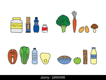 Groups of doodle colored sport foods including protein, fruits, vegetables, supplements, cereals and fish isolated on white background. Stock Vektor