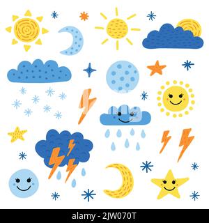 Set von niedlichen Wettersymbolen im skandinavischen Stil isoliert auf weißem Hintergrund. Stock Vektor