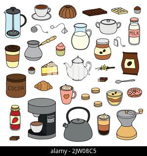 Set von handgezeichneten farbigen Kaffee-, Tee- und Kakaoartikeln isoliert auf weißem Hintergrund. Stock Vektor