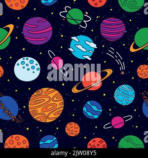 Dunkelblaues nahtloses Muster mit verschiedenen bunten Doodle fantastische Weltraum-Planeten. Stock Vektor