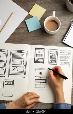 UI Designer skizziert die Benutzeroberfläche einer Webanwendung für ein Mobiltelefon. Ein Entwickler erstellt einen Prototyp für ein Smartphone. Stockfoto