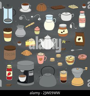 Handgezeichnete farbige Kaffee-, Tee- und Kakaoartikel auf Tafel-Hintergrund isoliert. Stock Vektor