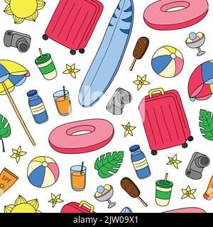 Nahtloses Muster mit handgezeichneten farbigen Sommer- und Urlaubsartikeln. Stock Vektor
