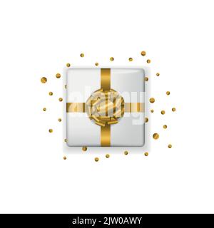 Realistische Geschenk-Box mit glänzender Schleife und Konfetti oder Glitter isoliert auf weißem Hintergrund. Draufsicht. Stock Vektor