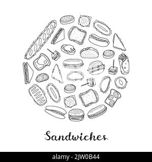 Verschiedene handgezeichnete Sandwiches und Burger, die kreisförmig mit Schriftzügen gestaltet sind. Stock Vektor