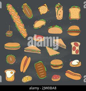 Set aus verschiedenen handgezeichneten farbigen Sandwiches und Burgern isoliert auf Tafel Hintergrund. Stock Vektor