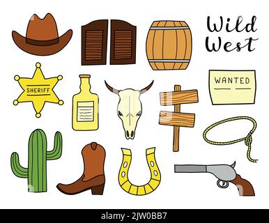 Handgezeichnete farbige Wild-West-Elemente auf weißem Hintergrund isoliert. Stock Vektor