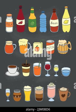 Satz von verschiedenen handgezeichneten bunten flüssigen Getränken isoliert auf Kreidetafel Hintergrund. Stock Vektor