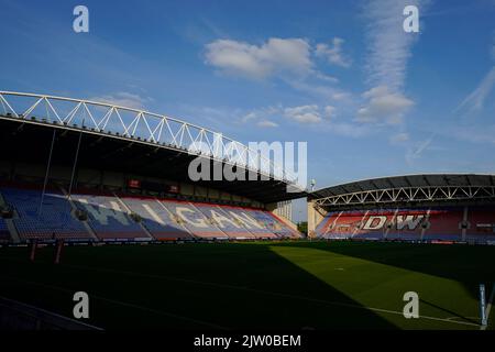 Wigan, Großbritannien. 02. September 2022. Gesamtansicht des DW Stadions vor dem Spiel während des Betfred Super League Spiels Wigan Warriors vs Catalans Dragons im DW Stadium, Wigan, Großbritannien, 2.. September 2022 (Foto von Steve Flynn/News Images) in Wigan, Großbritannien am 9/2/2022. (Foto von Steve Flynn/News Images/Sipa USA) Quelle: SIPA USA/Alamy Live News Stockfoto